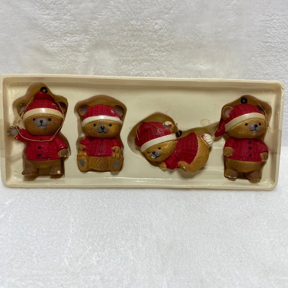 VTG Dept 56 Set of 4 Christmas Teddy Bear Hand Painted Ornaments Santa‎